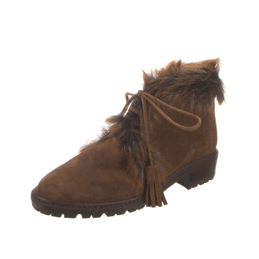 Stuart Weitzman Brown Suede Lace-Up Ankle Boot with Fur Trim